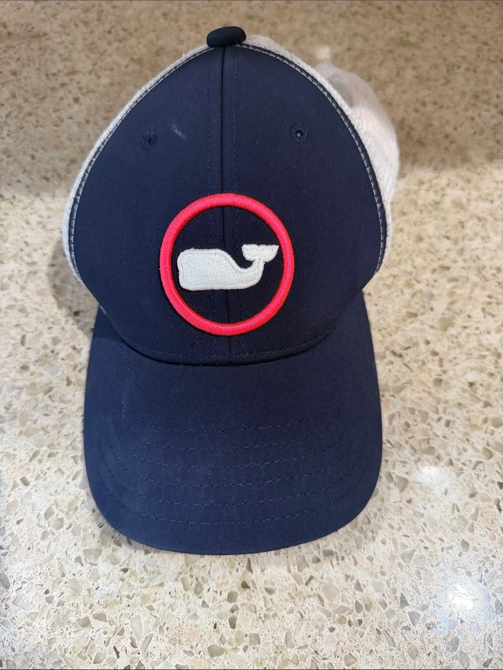 Vineyard Vines Navy Trucker Hat with Red-Trim Whale Patch